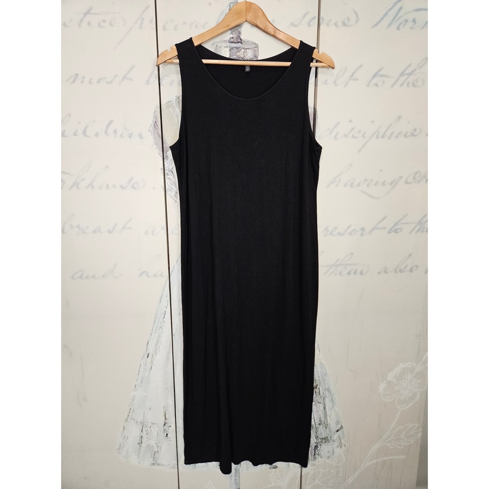 Eileen Fisher Maxi Dress L Black Sleeveless Viscose Jersey Lagenlook Minimalist